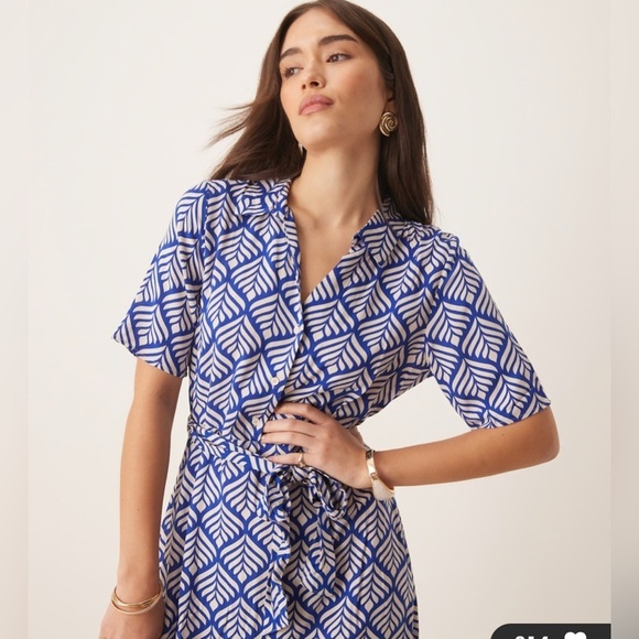 JDY tie waist midi shirt dress in blue print S - Picture 2 of 7